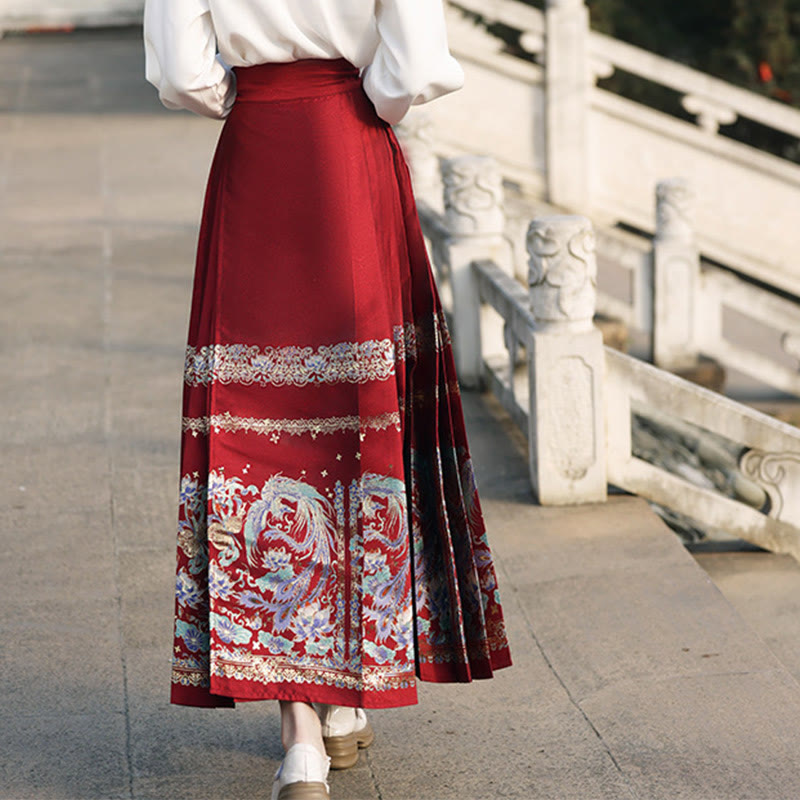 Buddha Stones Chinese Hanfu Phoenix Feathers Printed Horse Face Skirt Mamianqun