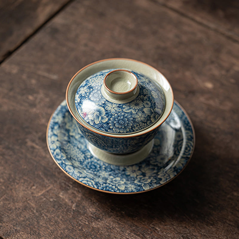 Buddha Stones Vintage Blue And White Porcelain Peach Blossom Lotus Peony Ceramic Gaiwan Sancai Teacup Kung Fu Tea Cup And Saucer With Lid - image 4