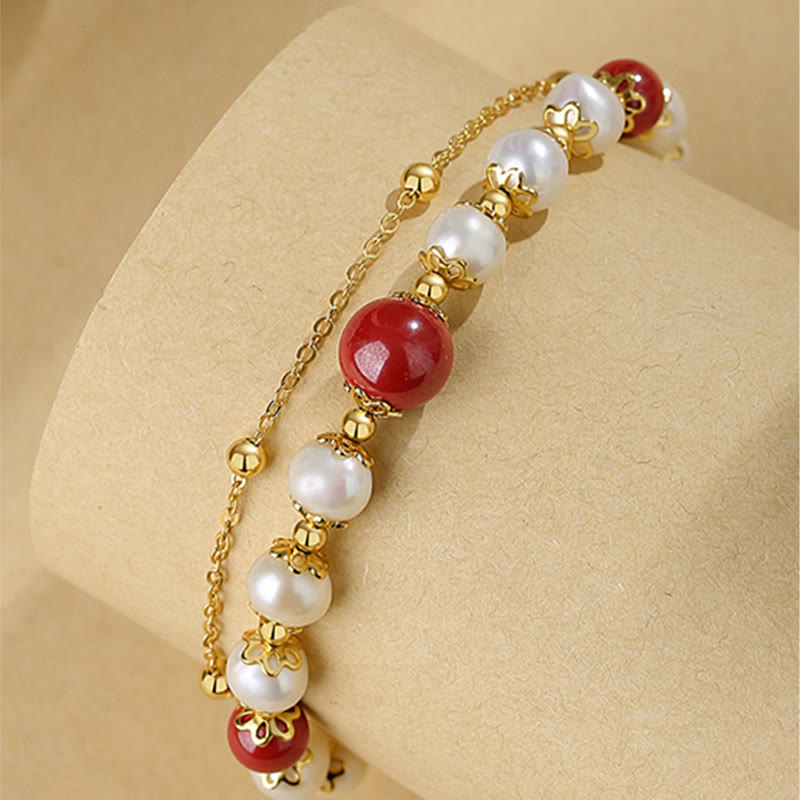 Buddha Stones 925 Sterling Silver Pearl Cinnabar Wisdom Bead Double Layer Chain Bracelet - image 7
