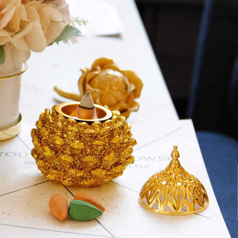 Gold Pine Cone Pattern Spiritual Rituals Mini Incense Burner Home Tabletop Decor - image 1