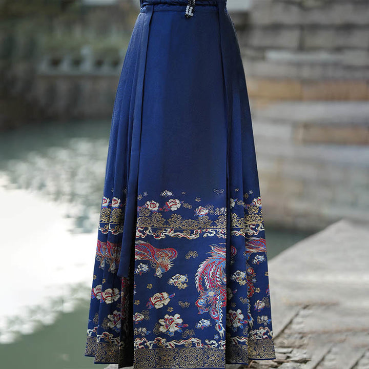 Buddha Stones Blue Phoenix Flowers Printed Chinese Hanfu Horse Face Skirt Mamianqun