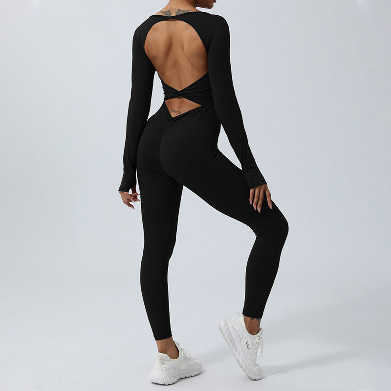 Buddha Stones Women Long Sleeve Backless Jumpsuit Sports Fitness Yoga Bodysuit