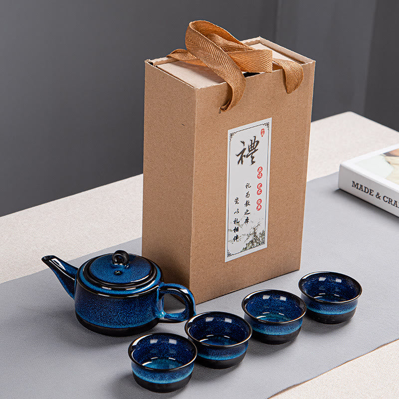 Blue Gradient Color Chinese Gongfu Tea Ceramic Teapot Portable Gift Bag Box Set