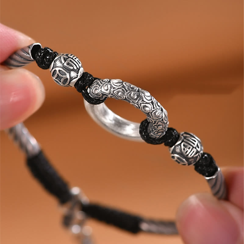 Buddha Stones 999 Sterling Silver Fu Character Peace Buckle Copper Coin Auspicious Clouds Fortune Bracelet - image 3