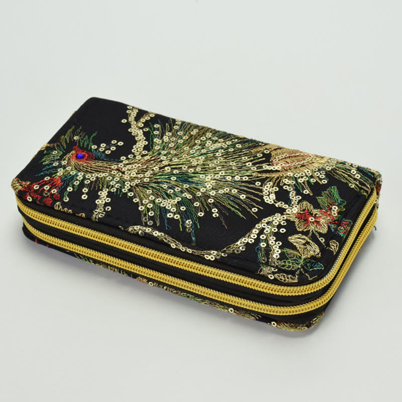 Peacock Double-sided Embroidery Cash Holder Wallet Shopping Purse - Black Peacock - image 9