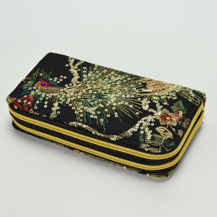Peacock Double-sided Embroidery Cash Holder Wallet Shopping Purse - Black Peacock - image 9