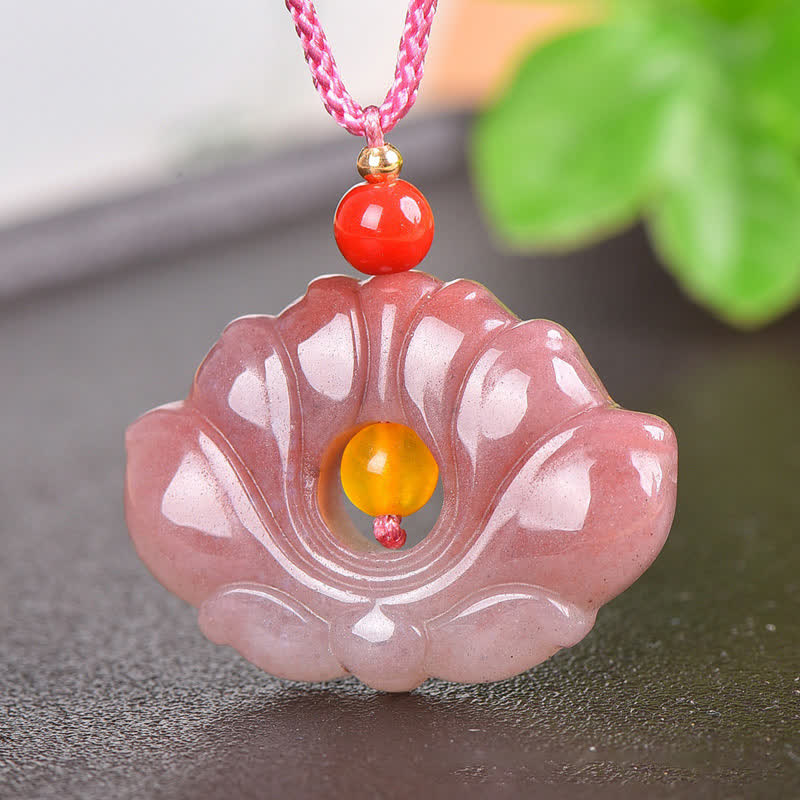 Pink Golden Silk Jade Lotus Flower Wealth Necklace Pendant - image 1