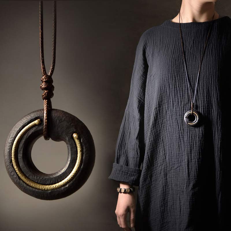 Buddha Stones Zen Circle Ebony Wood Peace Calm Necklace Pendant