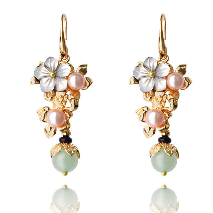 Buddha Stones 14K Gold Plated Tridacna Stone Flower Pearl Green Aventurine Bead Drop Earrings - image 6