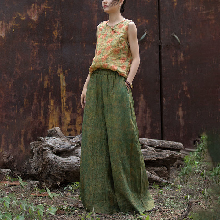 Buddha Stones Green Yellow Ramie Linen Flexible Waistband Wide Leg Pants With Pockets