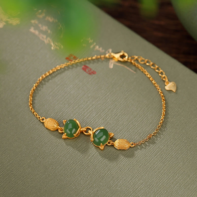 Buddha Stones 925 Sterling Silver Natural Hetian White Jade Cyan Jade Lovely Fox Luck Bracelet - Cyan Jade(Success♥Healing) - image 0