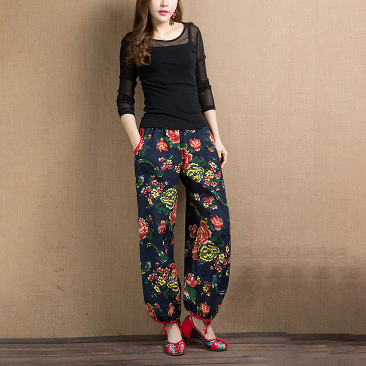 Buddha Stones Ethnic Style Red Green Flowers Print Harem Pants With Pockets