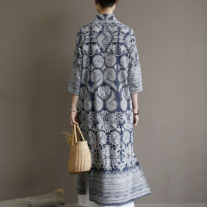 Buddha Stones Blue And White Porcelain Pattern Frog-button Midi Dress Three Quarter Sleeve Linen Batik Dress With Pockets