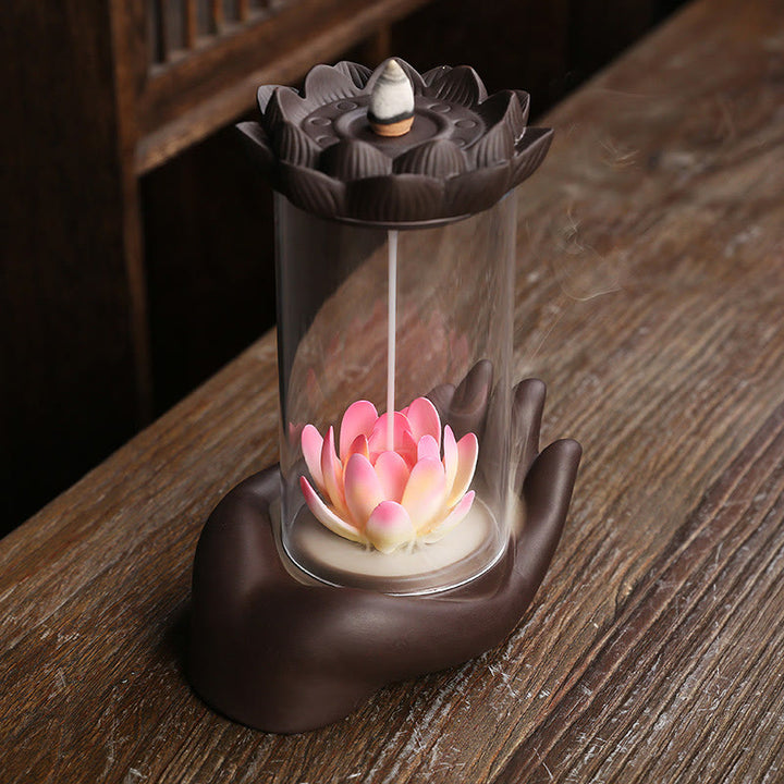 Buddha Stones Buddha Hand Lotus Enlightenment LED Light Purple Clay Ceramic Incense Burner Decoration - image 1