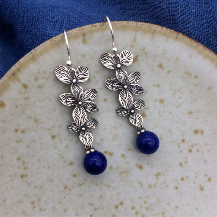 925 Sterling Silver Turquoise Lazurite Flower Leaf Serenity Protection Hook Drop Dangle Earrings - Lazurite&925 Sterling Silver - image 10