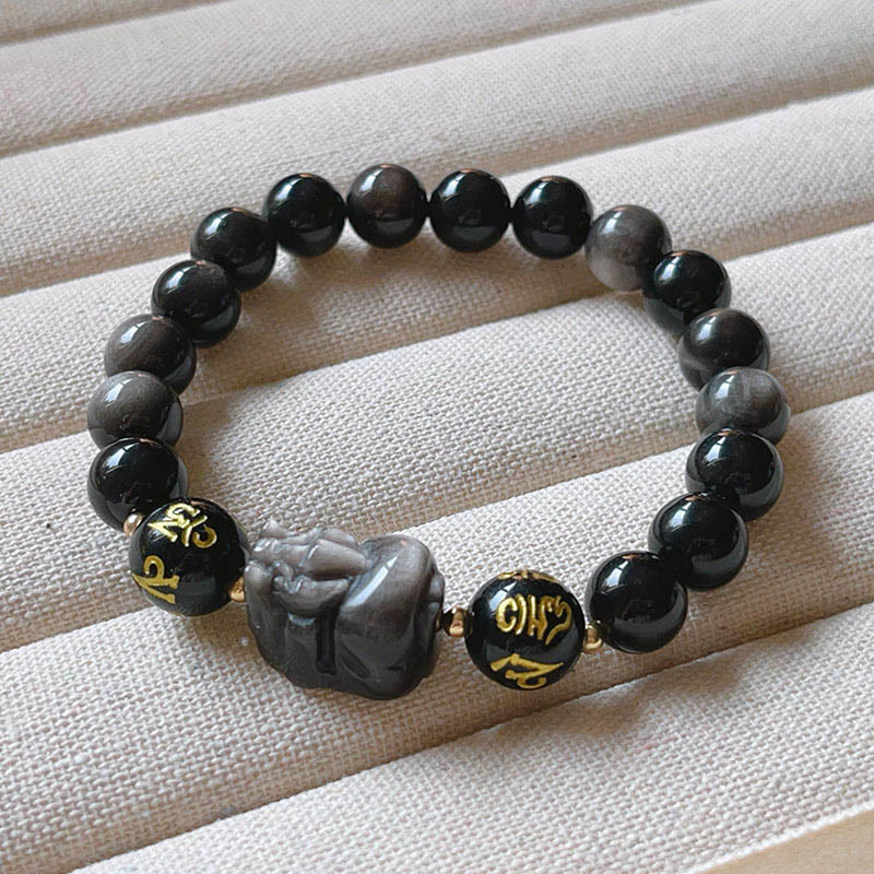 Buddha Stones Natural Silver Sheen Obsidian Black Obsidian Om Mani Padme Hum Pixiu Protection Bracelet