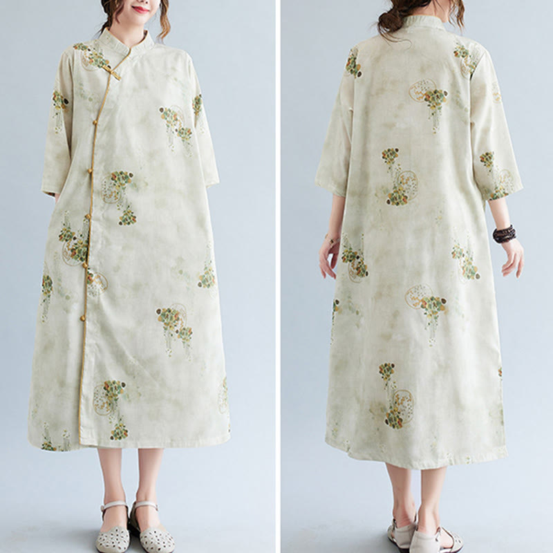 Buddha Stones Flowers Green Yellow Leaves Print Cheongsam Midi Dress Three Quarter Sleeve Dress With Pockets