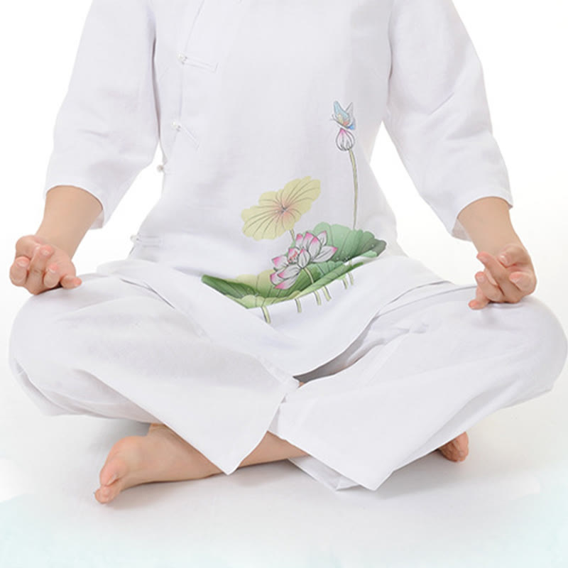 Buddha Stones 2Pcs White Lotus Flower Leaf Half Sleeve Shirt Top Pants Meditation Zen Tai Chi Linen Clothing Women's Set