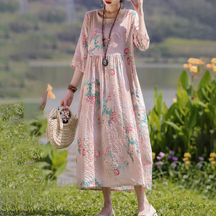 Buddha Stones Flowers Print Midi Dress Cotton Linen Tunic Dress With Pockets