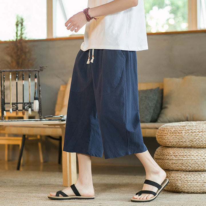 Buddha Stones Solid Color Mid-length Linen Men's Wide Leg Pants With Pockets