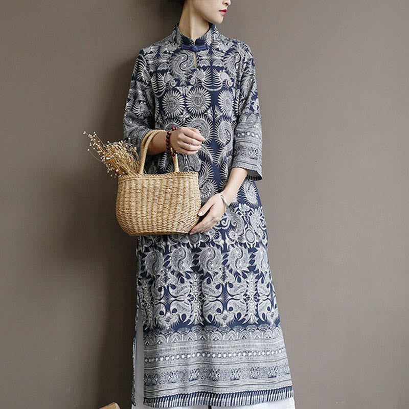 Buddha Stones Blue And White Porcelain Pattern Frog-button Midi Dress Three Quarter Sleeve Linen Batik Dress With Pockets