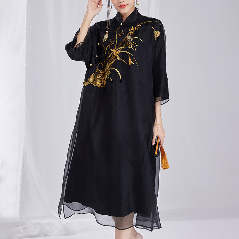 Buddha Stones 100% Mulberry Silk 6 Momme Dress Vintage Flower Butterfly Embroidery Qipao Dress Women's Cheongsam Dress - image 15