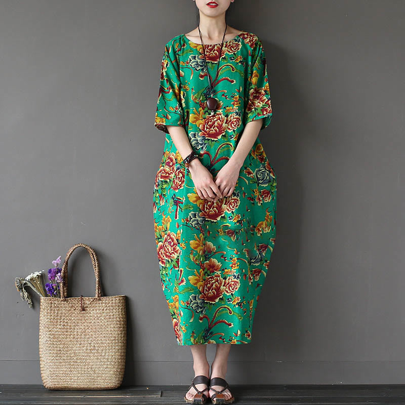 Buddha Stones Red Peony Flowers Printed Midi Dress Half Sleeve Cotton Linen Dress