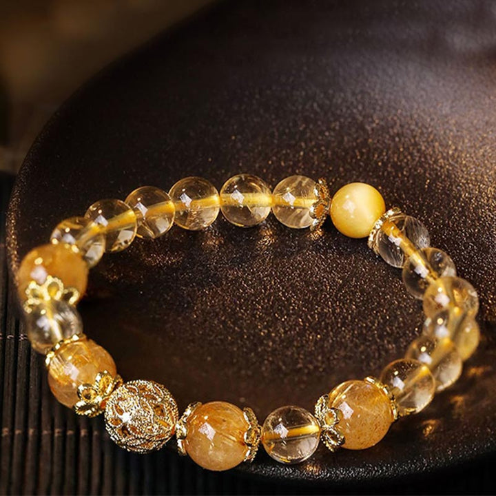 Buddha Stones Natural Citrine Amethyst Rutilated Quartz Prosperity Protection Bracelet