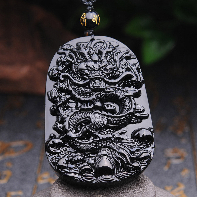 Buddha Stones Black Obsidian Stone Dragon Fulfilment Pendant Necklace - image 2