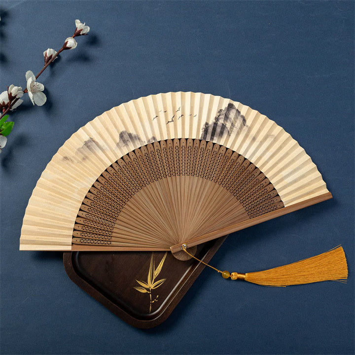 Buddha Stones Lotus Dragonfly Wild Geese Plum Blossom Handheld Silk Bamboo Folding Fan 22.5cm