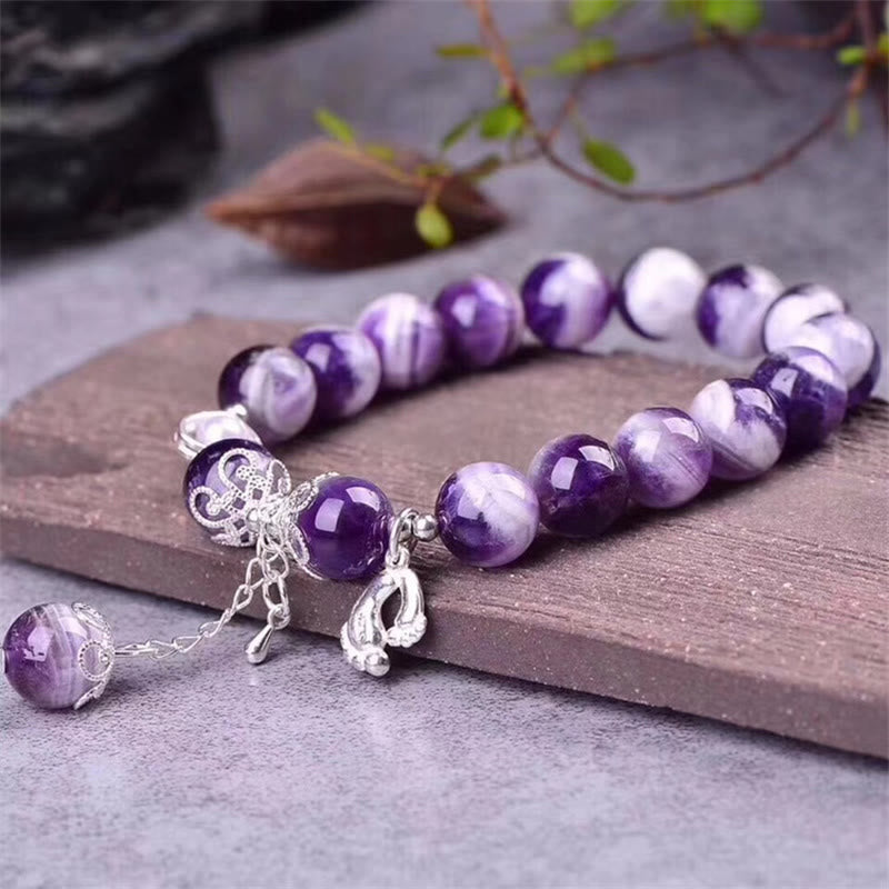 Buddha Stones 925 Sterling Silver Natural Amethyst Healing Feet Love Heart Charm Bracelet - image 3