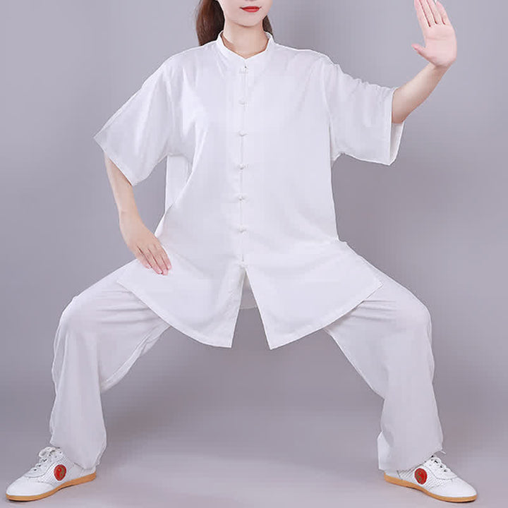 Tai Chi Qigong Meditation Prayer Spiritual Zen Practice Unisex Cotton Linen Clothing Set - White - Short Sleeve - US14，UK/AU18，EU46 (3XL)  - image 0