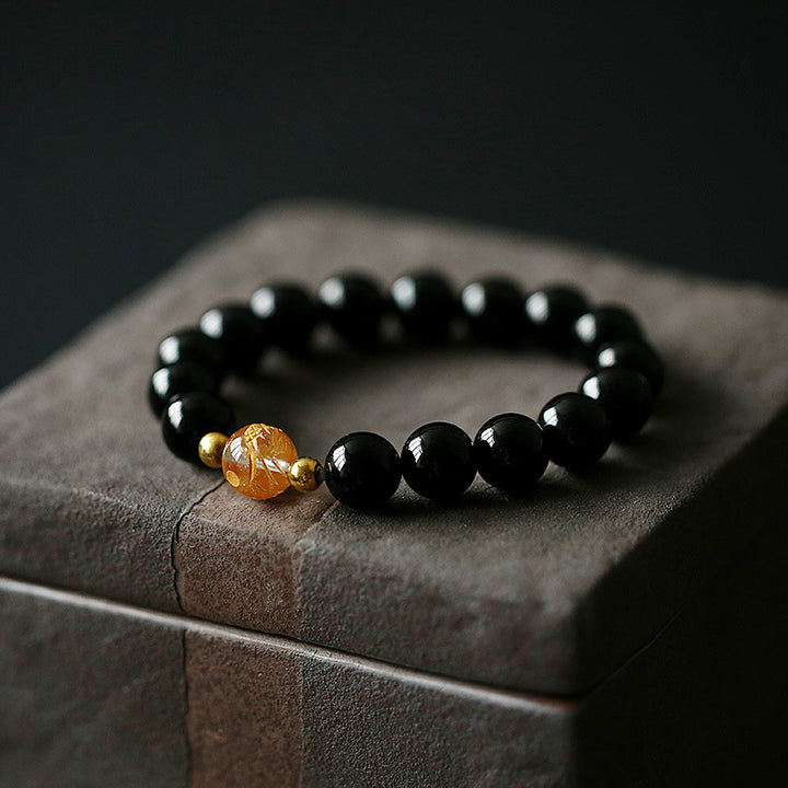 Buddha Stones Natural Black Obsidian White Crystal Black Onyx Dragon Strength Bracelet