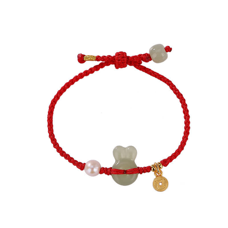 925 Sterling Silver Year of the Rabbit Hetian Jade Copper Coin Wealth Red String Bracelet