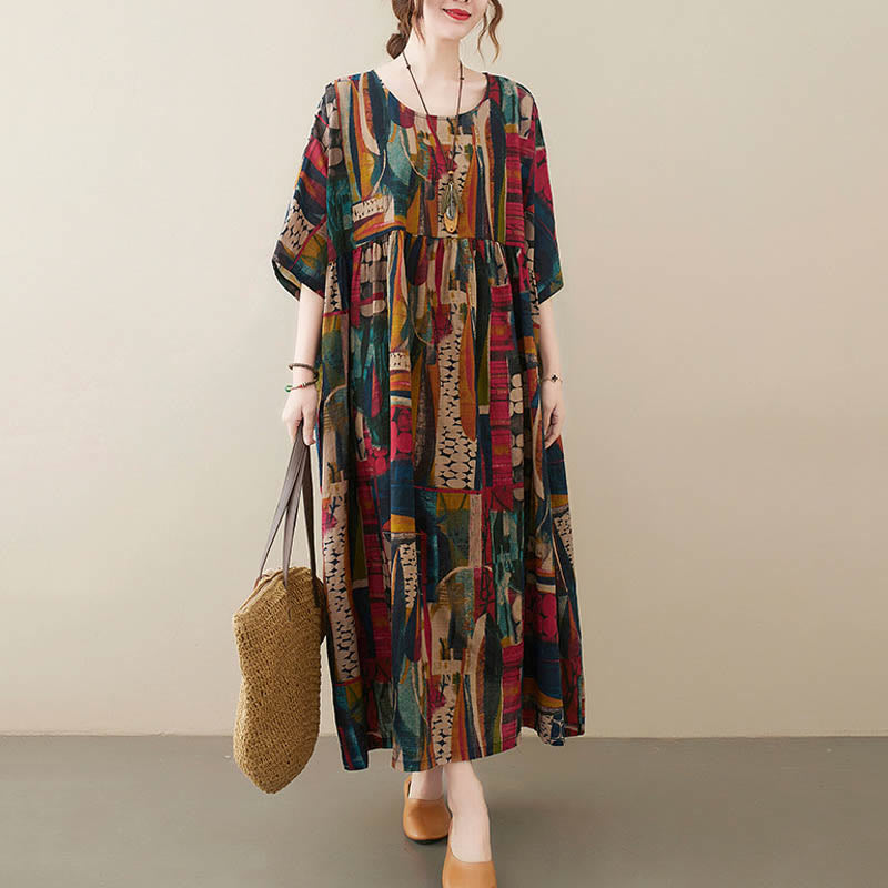 Buddha Stones Colorful Graphics Midi Dress Cotton Half Sleeve Tunic Dress With Pockets