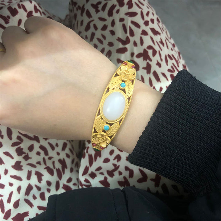 Buddha Stones Cyan Jade White Jade Flower Leaf Harmony Luck Bracelet Bangle - White Jade&Golden Bangle - image 9