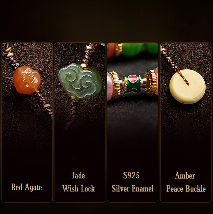 Buddha Stones 108 Mala Beads Cyan Jade Red Agate Laughing Buddha Luck Bracelet - image 16