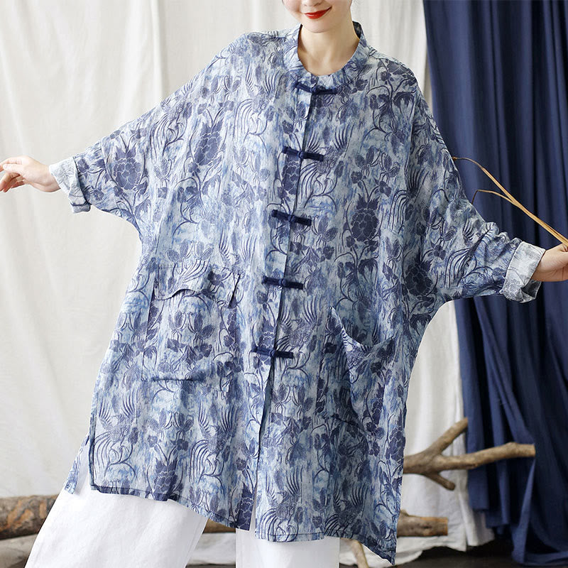 Buddha Stones Blue Flowers Butterfly Frog-Button Long Sleeve Ramie Linen Jacket Shirt With Pockets