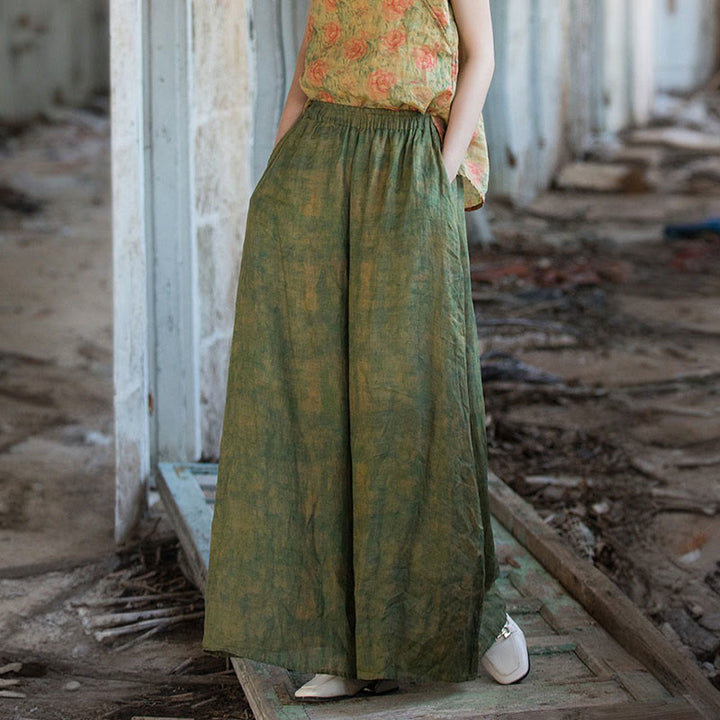 Buddha Stones Green Yellow Ramie Linen Flexible Waistband Wide Leg Pants With Pockets