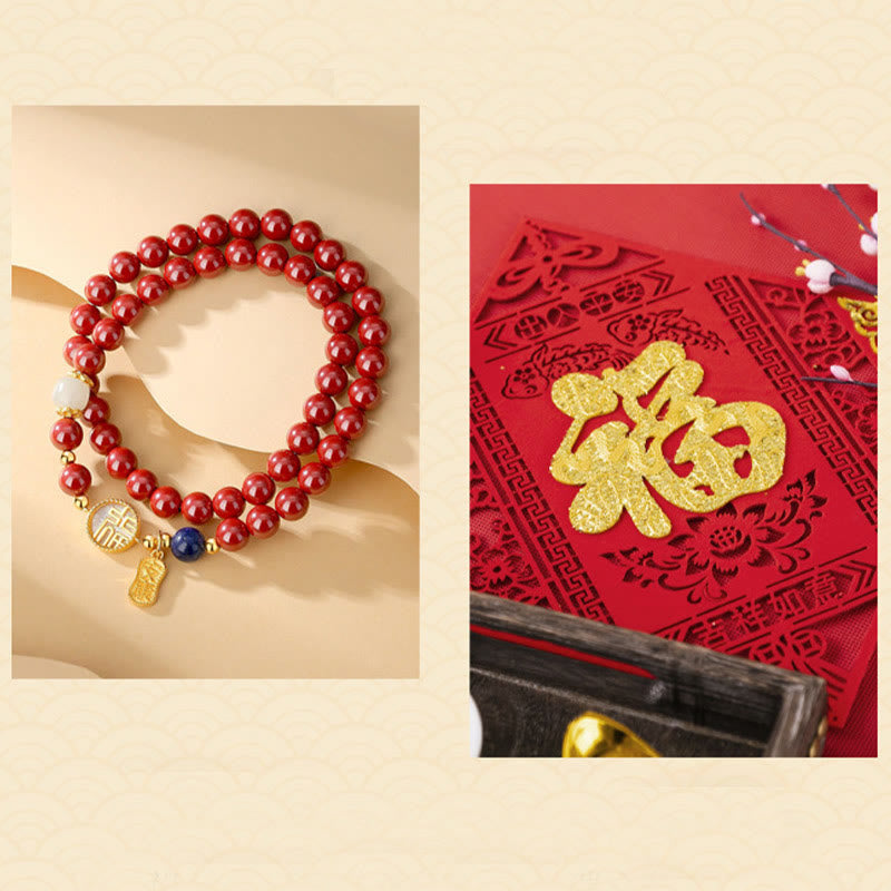 Buddha Stones 925 Sterling Silver Cinnabar Tridacna Stone Fu Character Double Wrap Blessing Bracelet - image 8