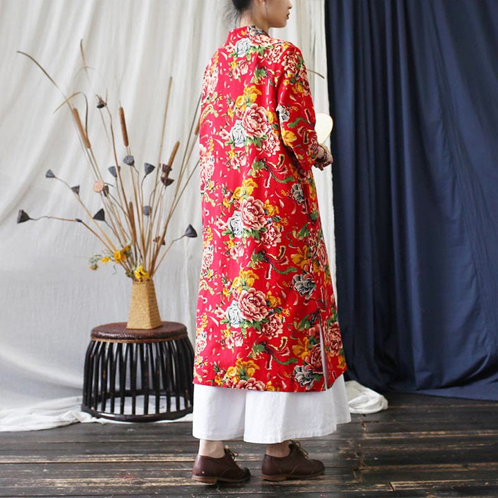 Buddha Stones Red Blue Peony Midi Dress Half Sleeve Cotton Linen Dress Wide Leg Pants With Pockets