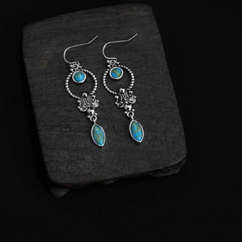 Buddha Stones 925 Sterling Silver Hook Vintage Copper Plated Silver Turquoise Waterdrop Pattern Balance Drop Dangle Earrings - image 7