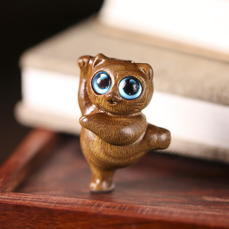 Buddha Stones Mini Green Sandalwood Dancing Cat Engraved Positive Desk Decorations - 3.7*2.5*2.1cm - image 1