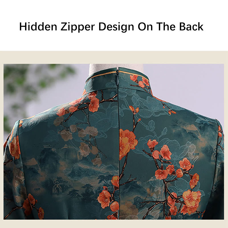 Buddha Stones Retro Flower Lotus Peony Feather Print Qipao Dress Women's Cheongsam Dress - image 10