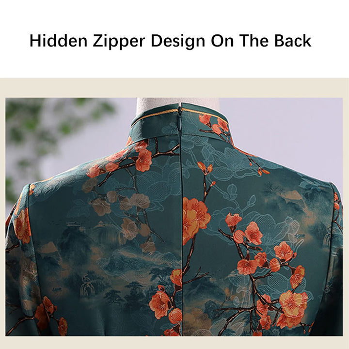 Buddha Stones Retro Flower Lotus Peony Feather Print Qipao Dress Women's Cheongsam Dress - image 10