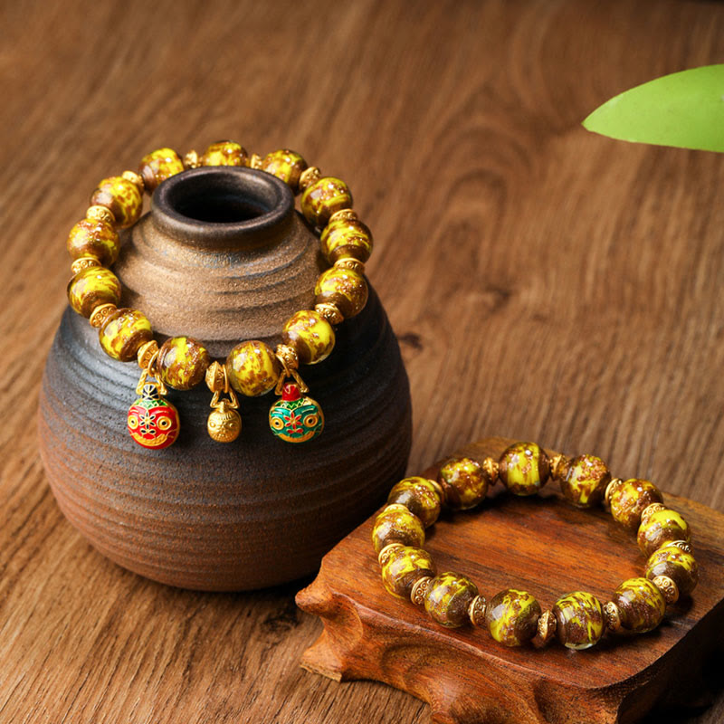 Buddha Stones Gold Swallowing Beast Family Charm Liuli Glass Bead Fortune Bracelet - image 3