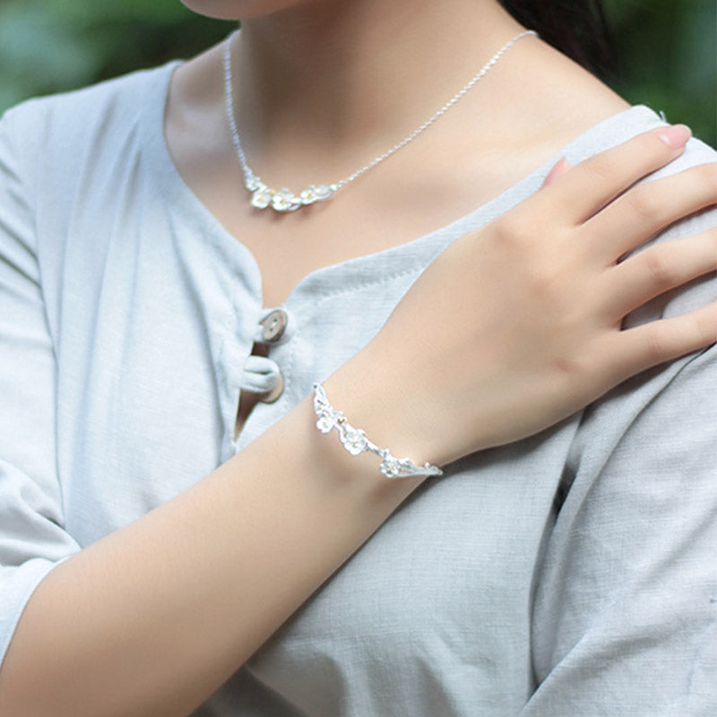 Buddha Stones 925 Sterling Silver Plum Flower Blessing Bracelet Adjustable Bangle - image 10