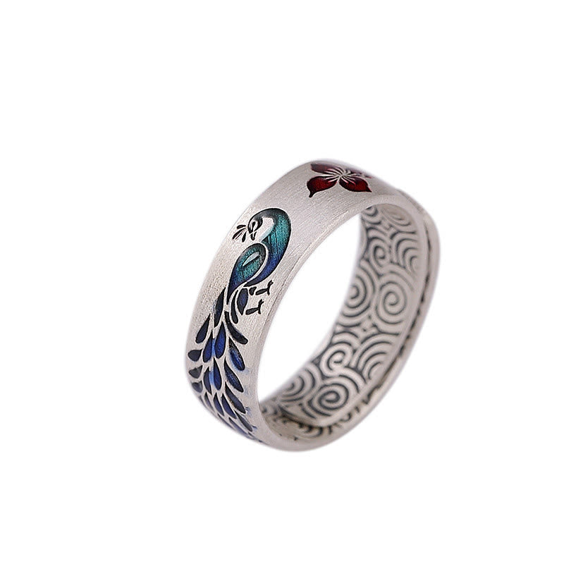 Buddha Stones 999 Sterling Silver Peacock Auspicious Clouds Engraved Lotus Flower Fortune Ring