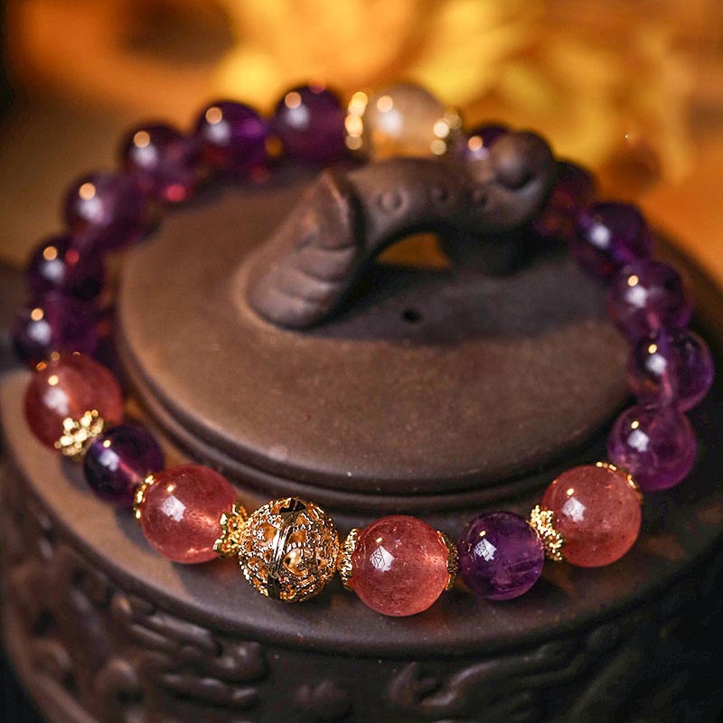 Buddha Stones Natural Citrine Amethyst Rutilated Quartz Prosperity Protection Bracelet