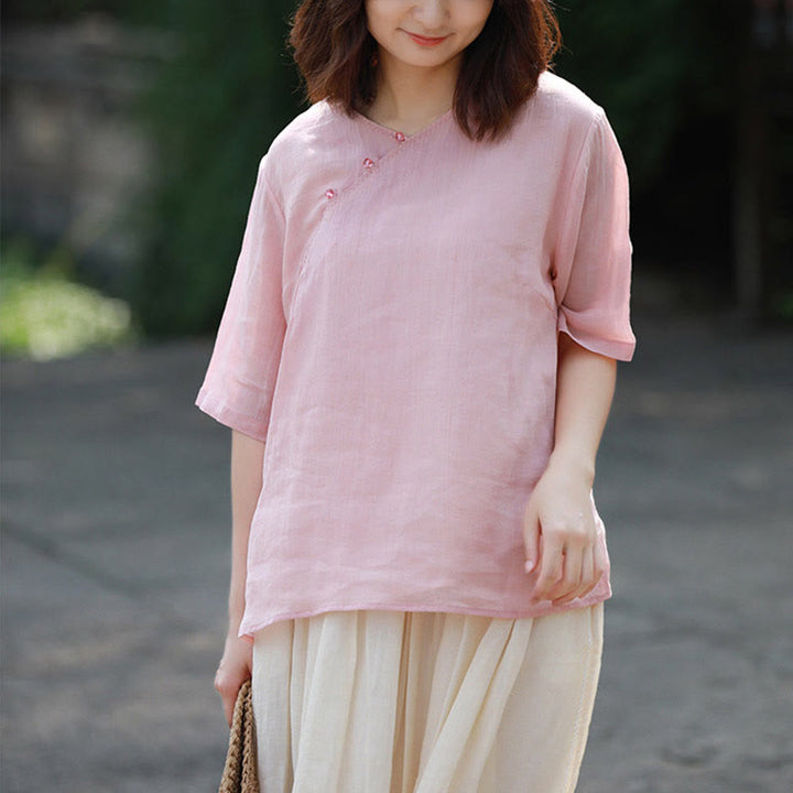 Buddha Stones V-Neck Ramie Linen Loose Casual Blouse Short Sleeve Shirt Chinese Style Top